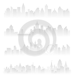 Horizontal header banners of foggy urban city with skyscrapers in haze. Soft grey vector illustration.