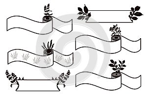 Set of horizontal twisted ribbon banners with silhouettes of bouquets of flowers and leaves