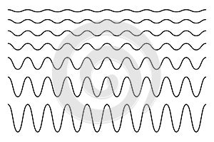 Set of horizontal wavy lines. Undulate borders. Sine or cosine curves. Water, fluid, air or wind symbols. River, sea