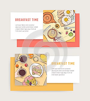 Set of horizontal web banner templates with tasty breakfast meals lying on plates - fried eggs, toasts, sandwiches