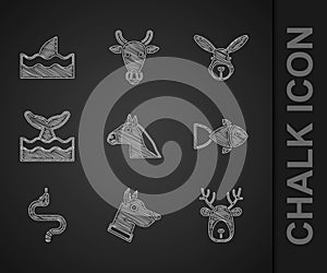 Set Horse head, Dog, Deer with antlers, Fish, Snake, Whale tail in ocean wave, Rabbit and Shark fin icon. Vector