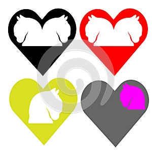 Set of horse head with heart isolated on white background. Vector illustration.