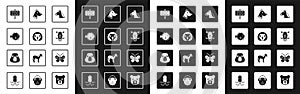 Set Horse head, Owl bird, Puffer fish, Zoo park, Wild boar, Dog, Butterfly and Goose icon. Vector