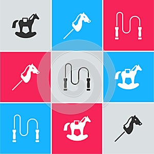 Set Horse in saddle swing, Toy horse and Jump rope icon. Vector