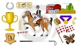 Set of Horseback riding. Racing icons for Activity Jockey club. Set of Equipments for Equestrian Sport poster