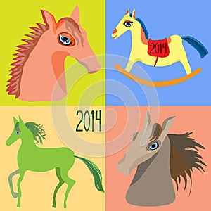 Set Horses, year of the horse, toy horse rocking chair for children. Vector.