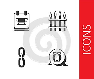 Set Horseshoe, Blacksmith anvil tool, Chain link and Classic iron fence icon. Vector