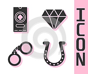 Set Horseshoe, Casino poker tournament invitation, Handcuffs and Diamond icon. Vector