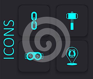 Set Horseshoe, Chain link, Sledgehammer and Welding glasses icon. Black square button. Vector