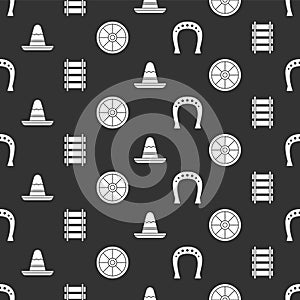 Set Horseshoe, Railway, railroad track, Mexican sombrero hat and Old wooden wheel on seamless pattern. Vector