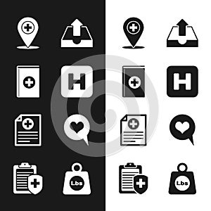 Set Hospital, Medical book, location with cross, Upload inbox, Clinical record and Heart speech bubble icon. Vector