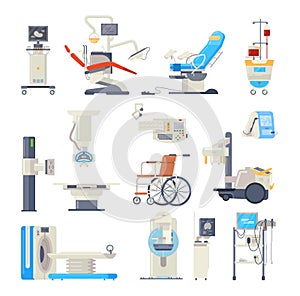 Set of hospital medical equipment. Medical devices. Health system, monitoring.