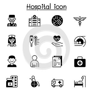 Set of Hospital related vector icons. contains such Icons as doctor, nurse, healthcare, virus, prescription, patient, mri scaner,