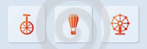 Set Hot air balloon, Unicycle or one wheel bicycle and Ferris. White square button. Vector