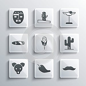 Set Hot chili pepper pod, Mustache, Cactus, Corn, Dog, Cigar, Aztec mask and Margarita cocktail icon. Vector