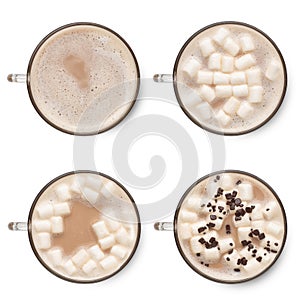 Set of hot cocoa in cup with marshmallows isolated on white background. Top view