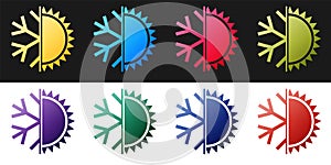 Set Hot and cold symbol. Sun and snowflake icon isolated on black and white background. Winter and summer symbol. Vector