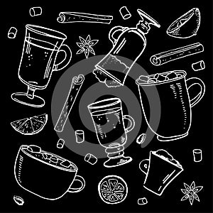 Set with hot drinks.  Hand drawn outline vector illustration