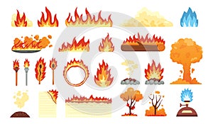 Set of hot flaming elements. Vector collection of fire flame icons in cartoon style. Flames of different shapes, forest