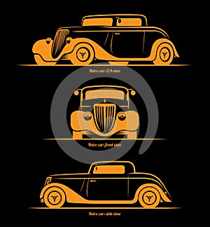 Set of hot rod or vintage custom sports car silhouettes. Front, side and 3/4 view. Vector background