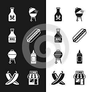 Set Hotdog sandwich, Ketchup bottle, Barbecue grill, Mustard, shopping building and Crossed hot chili pepper pod icon