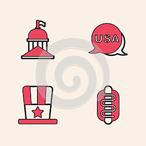 Set Hotdog sandwich, White House, USA Independence day and Patriotic American top hat icon. Vector