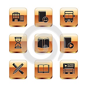 Set Hotel building, Crossed ruler and pencil, Open book, Hourglass pixel, Bus, Supermarket and Audio icon. Vector