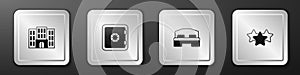 Set Hotel building, Safe, room bed and Stars rating icon. Silver square button. Vector