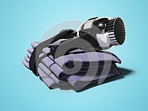 Set in hotel for drying hair dryer towels 3d render on blue background with shadow