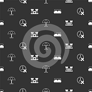 Set Hotel room bed, Clock with airplane, Sun protective umbrella and Sand castle on seamless pattern. Vector