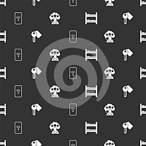 Set Hotel room bed, door lock key, Mobile with wi-fi wireless and Five stars rating review on seamless pattern. Vector