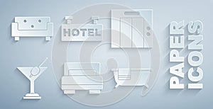 Set Hotel room bed, Lift, Martini glass, Bathtub, Signboard with text and Sofa icon. Vector