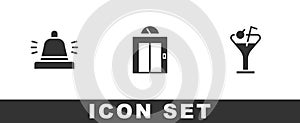 Set Hotel service bell, Lift and Martini glass icon. Vector