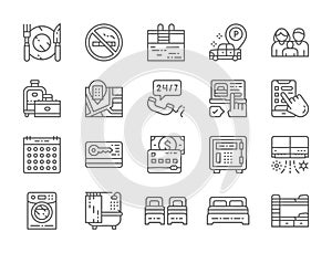 Set of Hotel Service Line Icons. Cutlery, Travel Bags, Booking Room and more.