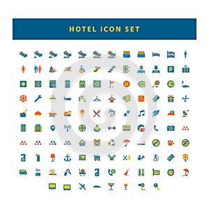 Set of Hotel and travel black icons with flat color style design