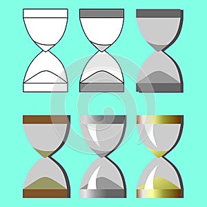 Set hourglass in different styles on a blue background.