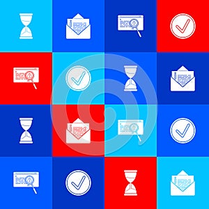Set Hourglass, Envelope, System bug concept and Check mark in circle icon. Vector
