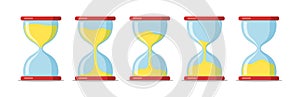 Set of hourglass with sand. Sandglass icon, glass timer for animation design. Concept of deadline, countdown measurement. vector