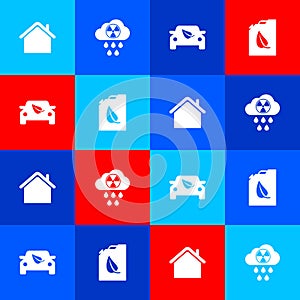 Set House, Acid rain and radioactive cloud, Eco car drive with leaf and Bio fuel canister icon. Vector