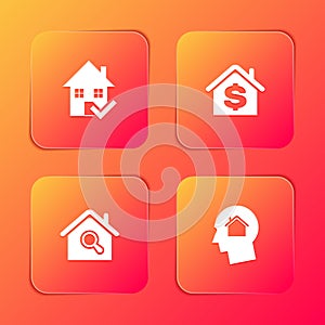 Set House with check mark, dollar, Search house and Man dreaming about buying icon. Vector