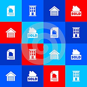 Set House contract, , Garage and Hanging sign with text Sold icon. Vector