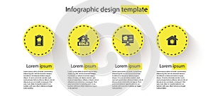 Set House contract, Hanging sign with text Sold, Online real estate house and shield. Business infographic template