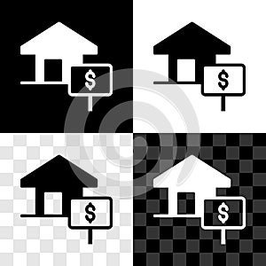Set House with dollar symbol icon isolated on black and white, transparent background. Home and money. Real estate