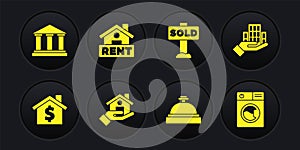 Set House with dollar symbol, Skyscraper, Realtor, Hotel service bell, Hanging sign text Sold, Rent, Washer and Museum