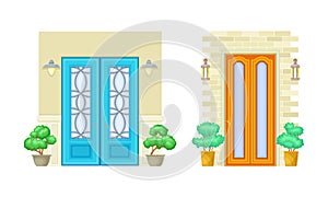 Set of house entrance facade. Porches with closed doors and potted plants vector illustration