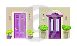 Set of house entrance. Porches with closed purple doors and potted plants vector illustration