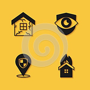 Set House, Fire in burning house, Location shield and Shield and eye icon with long shadow. Vector