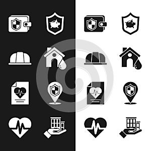 Set House flood, Worker safety helmet, Wallet with shield, Piggy bank, Health insurance, Location, and icon. Vector