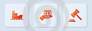 Set House in hand, Ship and Judge gavel. White square button. Vector