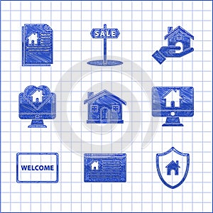 Set House, Hanging sign with text Online Sale, shield, Computer monitor smart home, Doormat the Welcome, Monitor house